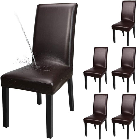 Dining Chair Covers, Solid Pu Leather Waterproof and Oilproof Stretch Slipcover, 2/4/6/8, Brown