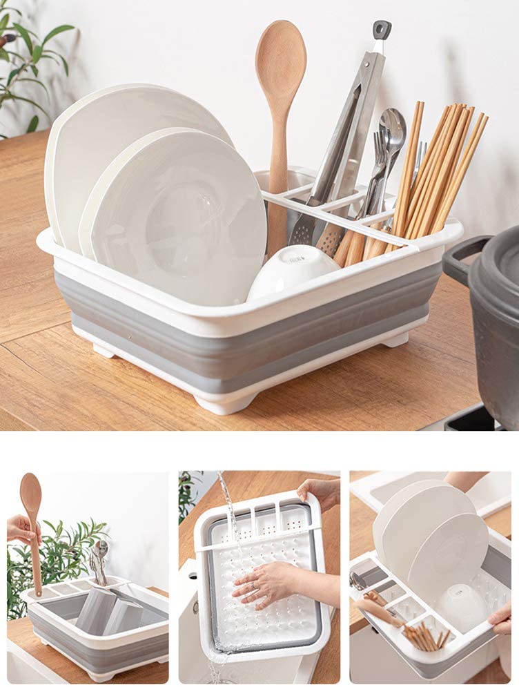 Collapsible Dish Drying Rack Portable Dish Drainer Dinnerware Organizer Kitchen RV Campers Storage, Grey