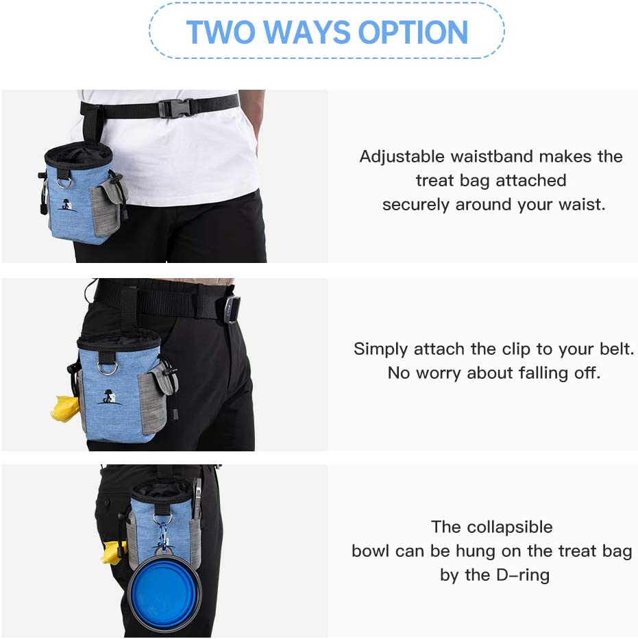 Dog Treat Pouch Dog Treat Bag with Dog Bowl for Training Small to Large Dogs Animal Walking Snack Container Easily Carries Pet Toys & Kibble (Blue)