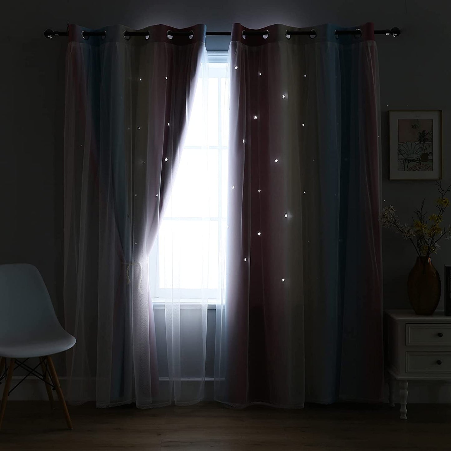 2x Star Cutout Curtains for Girls Room, PINk/Purple