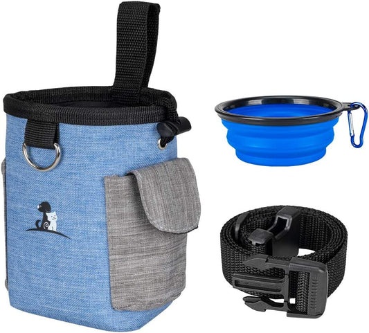 Dog Treat Pouch Dog Treat Bag with Dog Bowl for Training Small to Large Dogs Animal Walking Snack Container Easily Carries Pet Toys & Kibble (Blue)