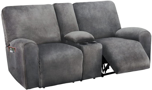 2 Seater with Middle Console Slipcover, Velvet Stretch Loveseat Reclining Sofa Covers, Thick, Soft, Washable, Grey