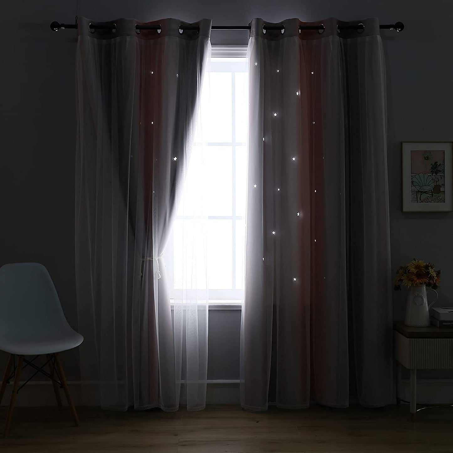 2x Star Cutout Curtains for Girls Room, Pink/Grey
