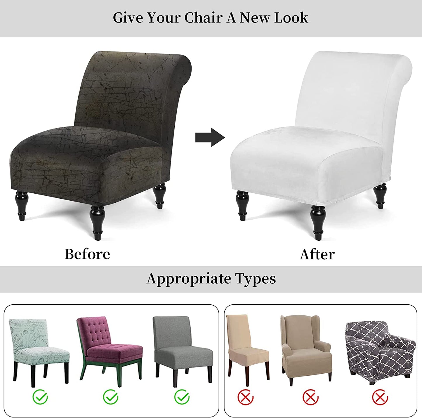 Armless Velvet Accent Chair Slipcover High Stretch Chair Covers with Elastic Bottom Removable Chair Slipcover Without Arms for Living Room Hotel, White