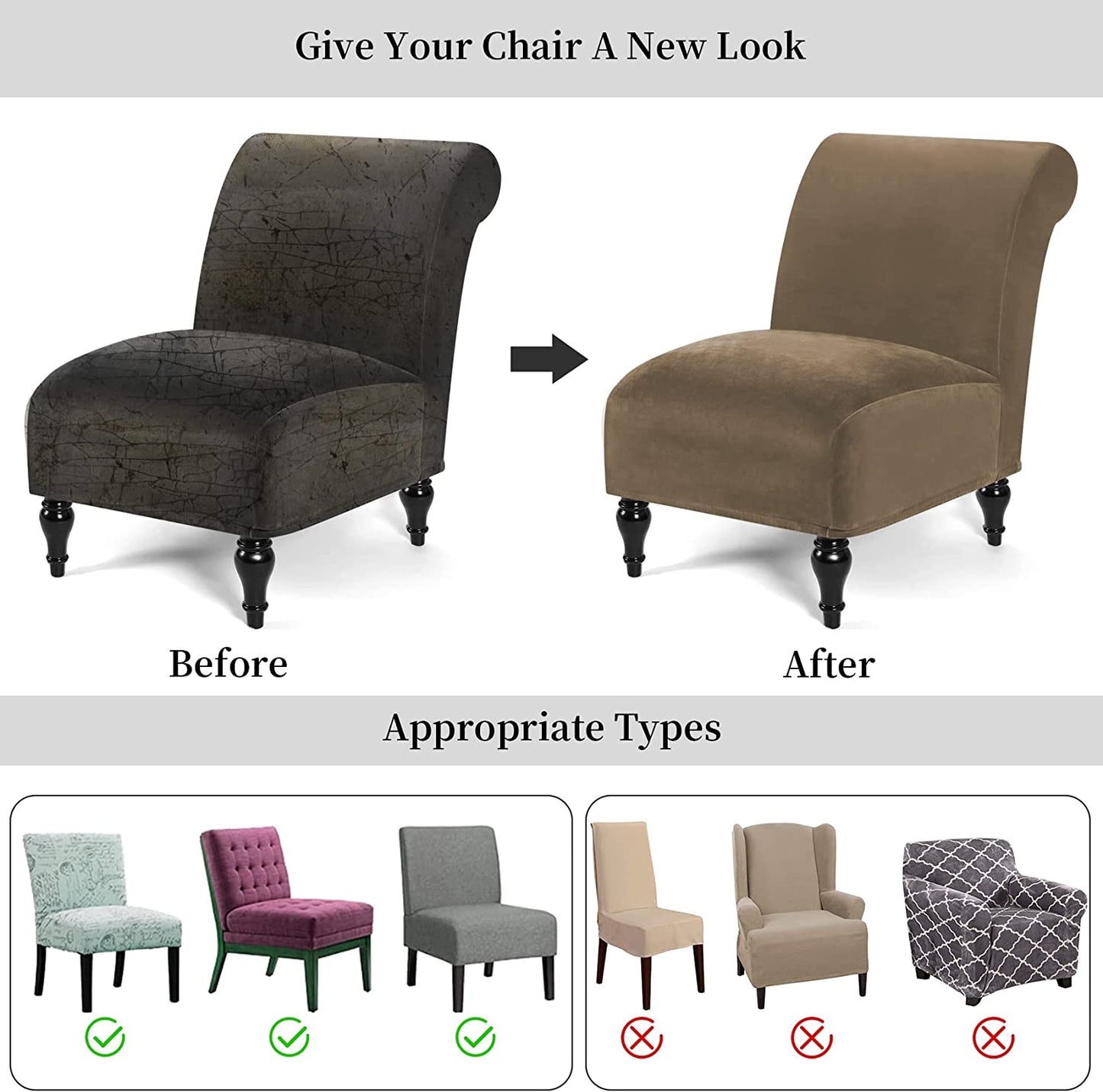 Armless Velvet Accent Chair Slipcover High Stretch Chair Covers with Elastic Bottom Removable Chair Slipcover Without Arms for Living Room Hotel, Taupe