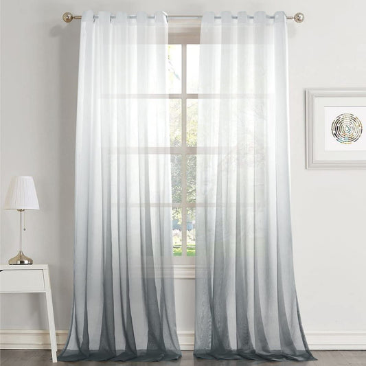2x Ombre Sheer Curtains Draperies Window Treatment, White and Grey