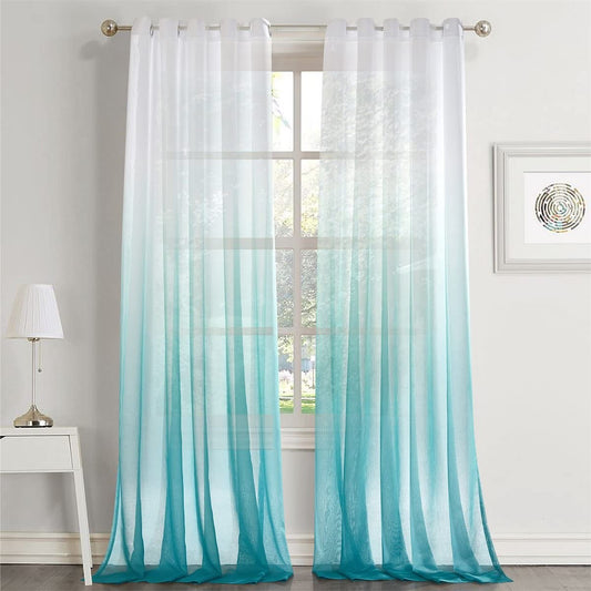 2x Ombre Sheer Curtains Draperies Window Treatment, White and Turquoise