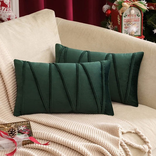 2x Velvet Throw Pillow Couch Bed Sofa (Inserts + Pillow Covers, Dark Green)