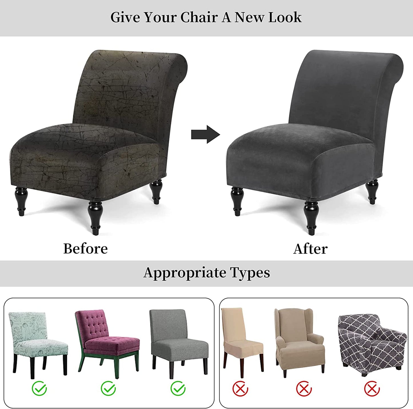 Armless Velvet Accent Chair Slipcover High Stretch Chair Covers with Elastic Bottom Removable Chair Slipcover Without Arms for Living Room Hotel, Grey