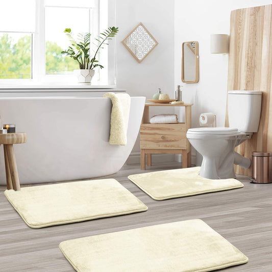 Bathroom Rugs Memory Foam Bath Mat Set for Bathroom, Non Slip Absorbent Velvet - Fast Drying –Bathroom Rug and Contour Rug Set 3 Piece - White