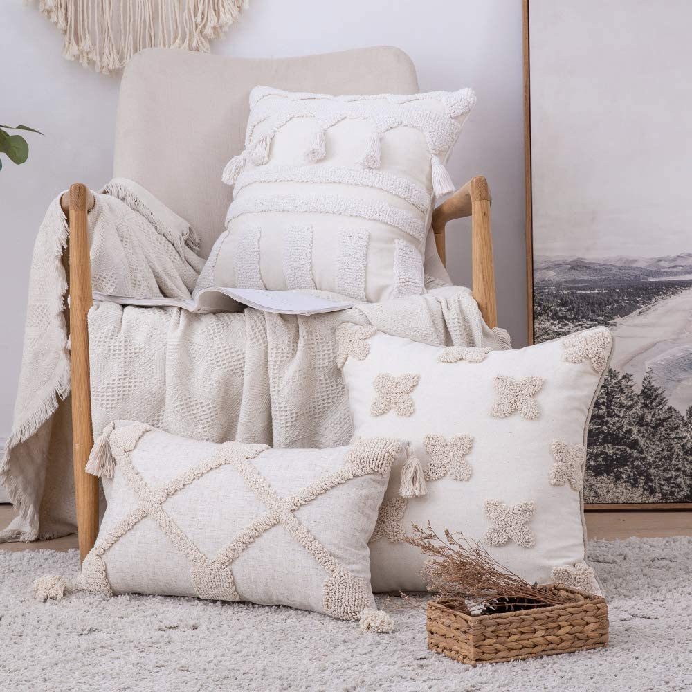 Tribal Boho Woven with Tassels Pillow Square Soft Couch Pillows Set of 2 (Inserts + Pillow Covers, Beige)