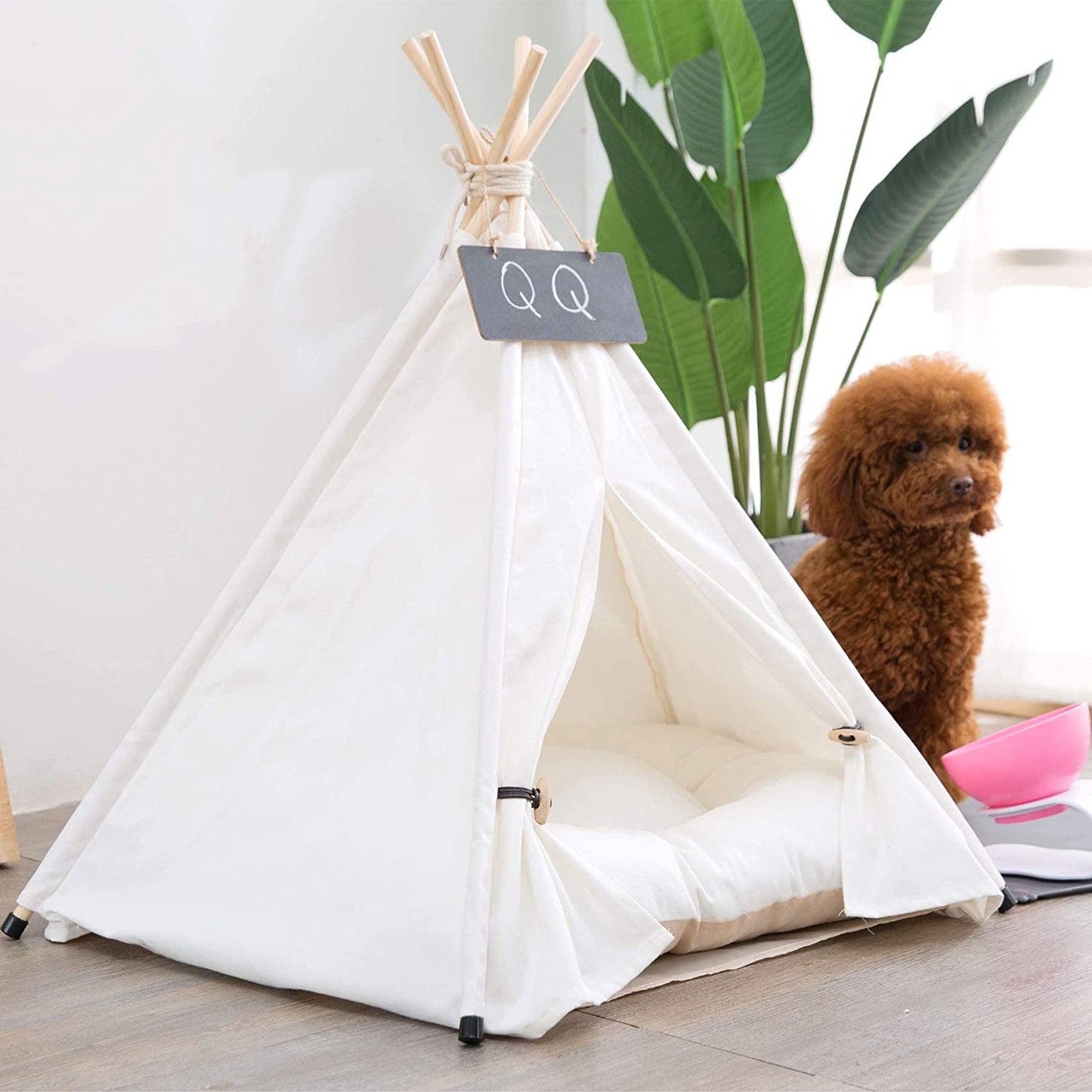 Pet Teepee with Cushion for Dogs and Cats Puppies House with Bed Pet Tent Bed Indoor Outdoor, Off White