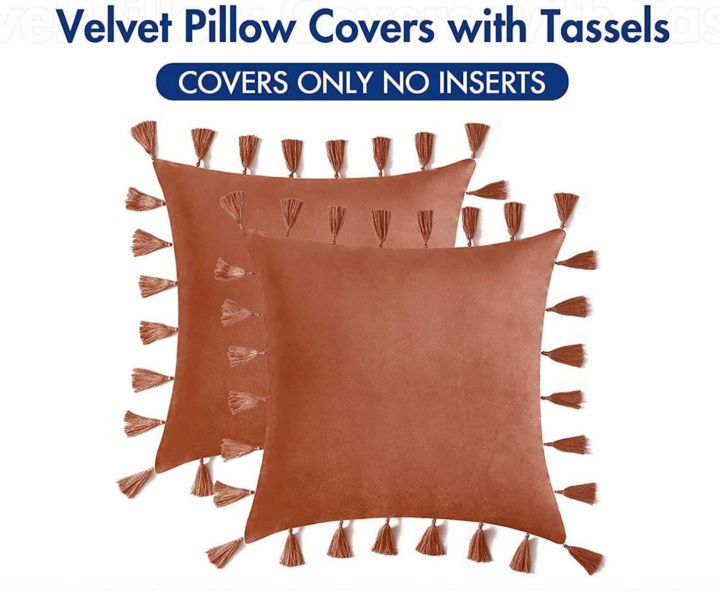 Pack of 2 Velvet Soft Solid Decorative Throw Pillows with Tassels Fringe Boho Accent Cushion for Couch Sofa Bed, Orange