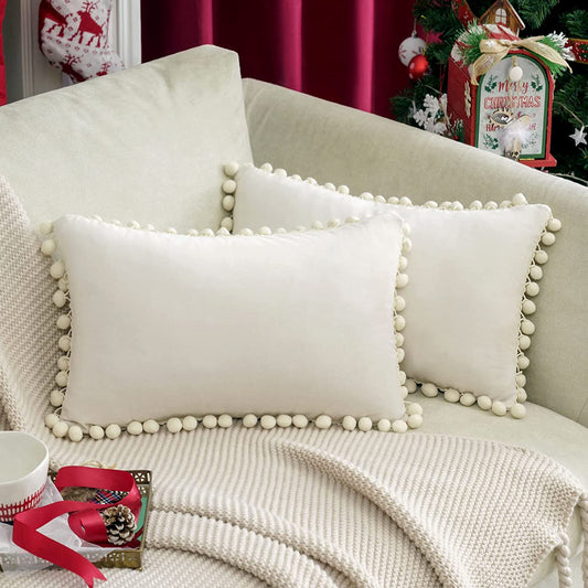 2x Square Throw Pillows with Cute Pom-poms for Couch Sofa Bedroom Decor (Inserts + Pillow Covers, Cream White)