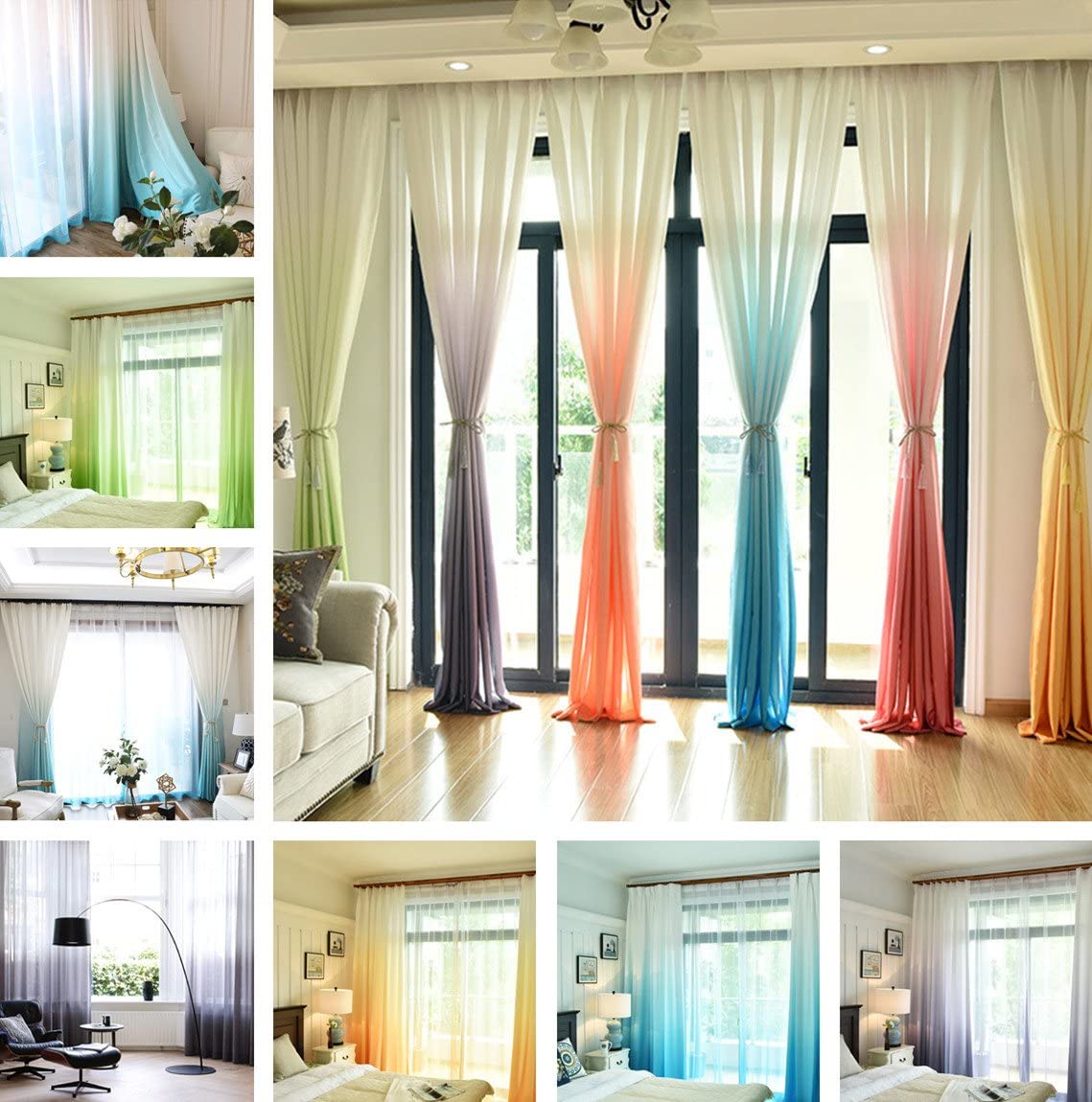 2x Ombre Sheer Curtains Draperies Window Treatment, White and Green