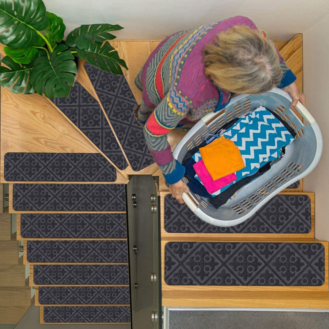Stair Treads Carpet Non-Slip Indoor Stair Runners for Wooden Steps, Stair Rugs for Kids and Dogs, Set of 15, 8" X 30",Embossing Grey