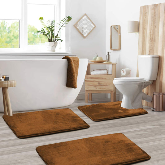 Bathroom Rugs Memory Foam Bath Mat Set for Bathroom, Non Slip Absorbent Velvet - Fast Drying –Bathroom Rug and Contour Rug Set 3 Piece -Brown