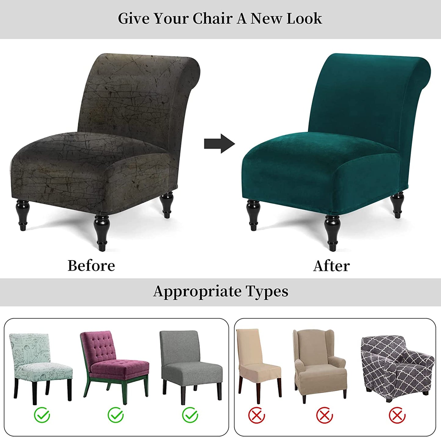 Armless Velvet Accent Chair Slipcover High Stretch Chair Covers with Elastic Bottom Removable Chair Slipcover Without Arms for Living Room Hotel, Dark Teal