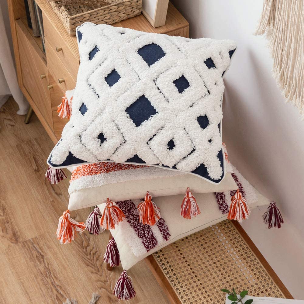 Decorative Throw Pillow Cover Tribal Boho Woven Tufted Lumbar Pillowcase Soft Cushion Set of 2 (Inserts + Pillow Covers,Navy)