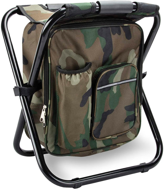 Folding Stool Backpack Insulated Cooler Bag, Collapsible Camping Hunting Fishing Multifunction Chair with Front Pocket and Bottle Pocket for Outdoor Events, Hiking, Travel, Beach