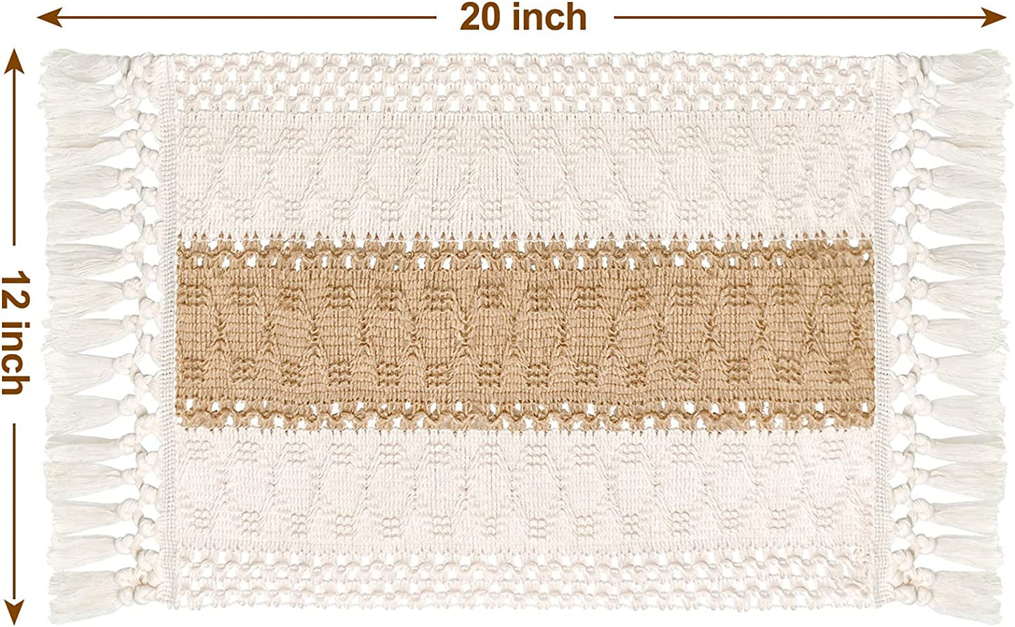 Placemats Set of 4/6/8, Cream Beige Boho Place Mats with Tassels, Hand Woven Cotton and Burlap Splicing