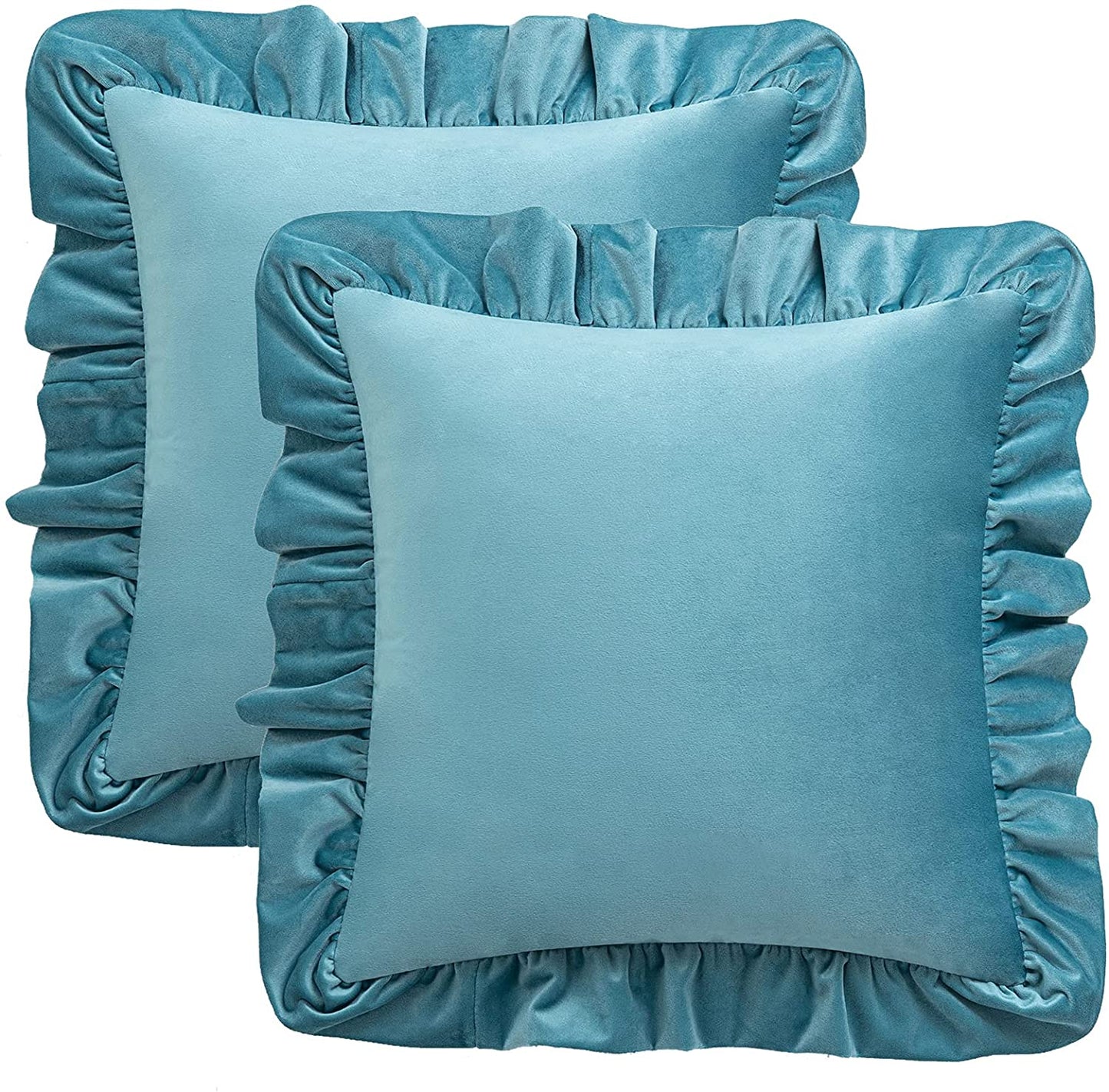 Pack of 2 Velvet Throw Pillow Covers with Ruffle, for Couch Sofa Living Room Decor(Inserts + Pillow Covers)- Aqua Green