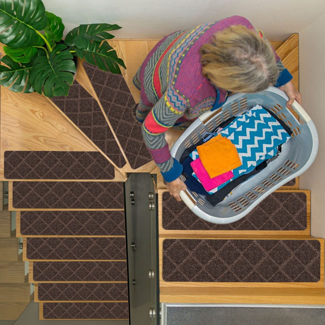 Stair Treads Carpet Non-Slip Indoor Stair Runners for Wooden Steps, Stair Rugs for Kids and Dogs, Set of 15, 8" X 30",Diamond Brown