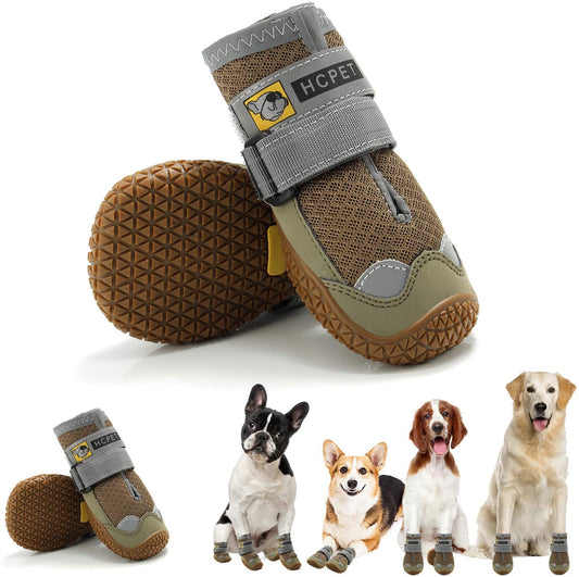 Dog Boots Breathable Dog Shoes for Small Medium Large Dogs, Anti-Slip Puppy Booties Paw Protector with Reflective Straps 4Pcs, Coffee