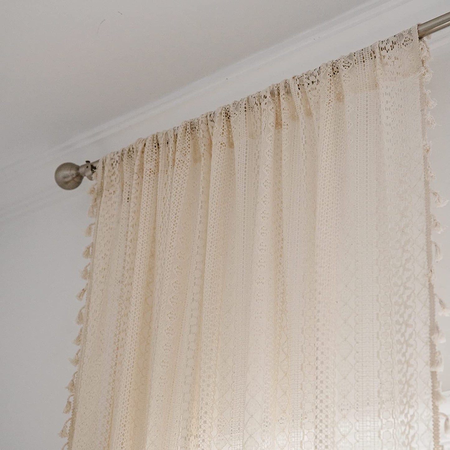 2 Panels Boho Windows Sheer Curtains Crochet Vintage Cotton Tassel Window Curtains Panels for Bedroom Living Room (Crochet Beige)