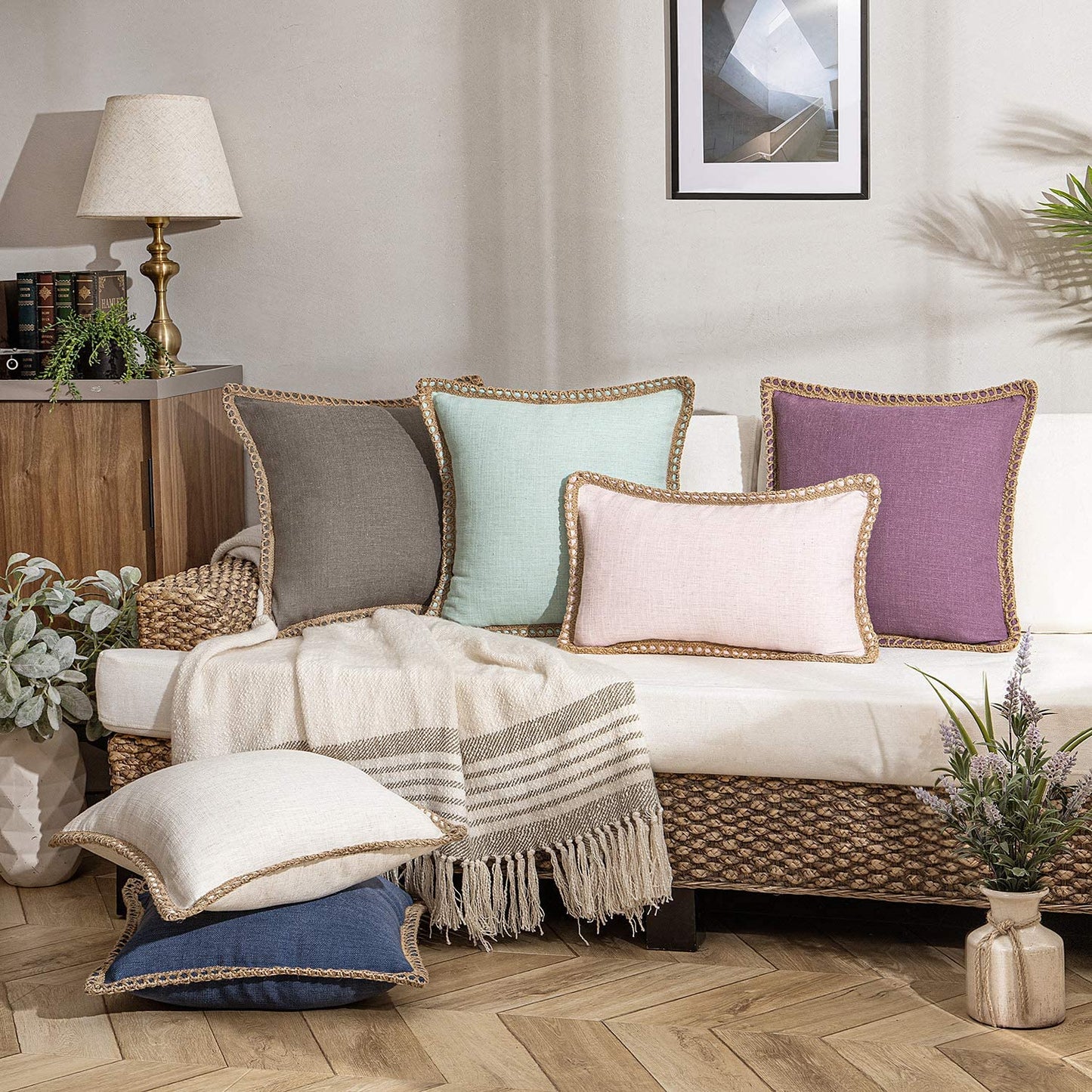 Pack of 2 Farmhouse Decorative Throw Pillow Covers Burlap Linen Trimmed Tailored Edges ,for Couch Sofa Living Room Decor - Purple