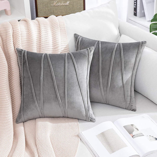 2x Velvet Throw Pillows for Couch Bed Sofa (Inserts + Pillow Covers, Grey)