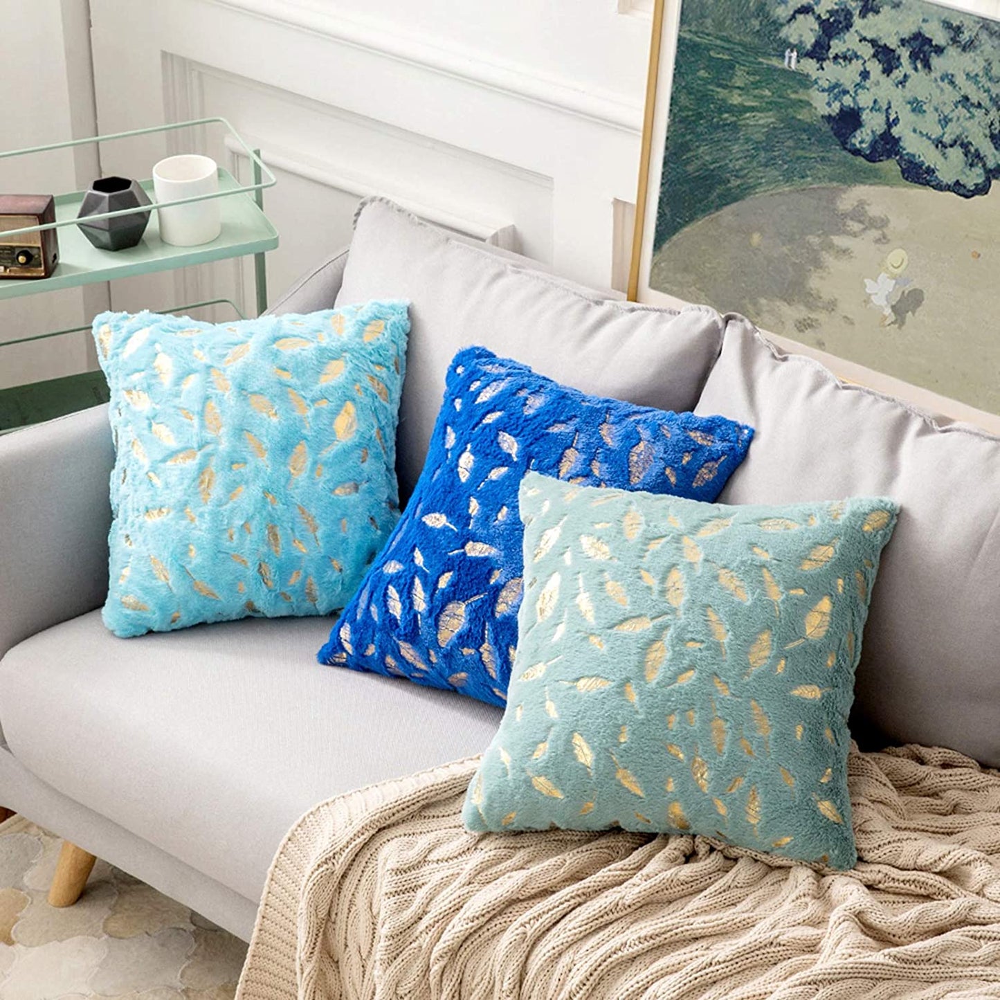 2x Square Throw Pillows Decorative Faux Fur Gold Feathers Gilding Leaves Cushion Cases Soft Fluffy(Inserts + Pillow Covers,Green)