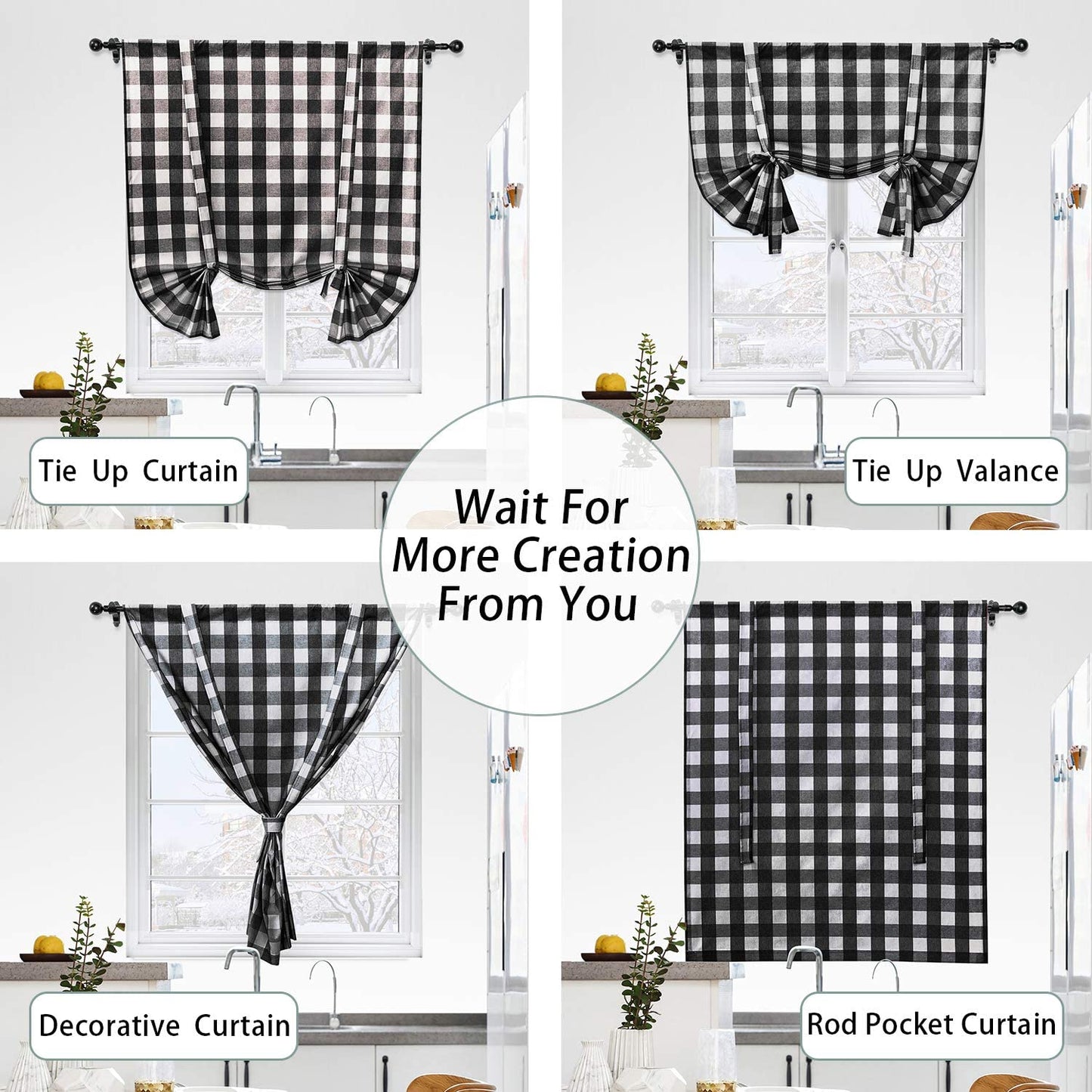 Tie Up Curtain for Kitchen Window Buffalo Check Rod Pocket, Black and White
