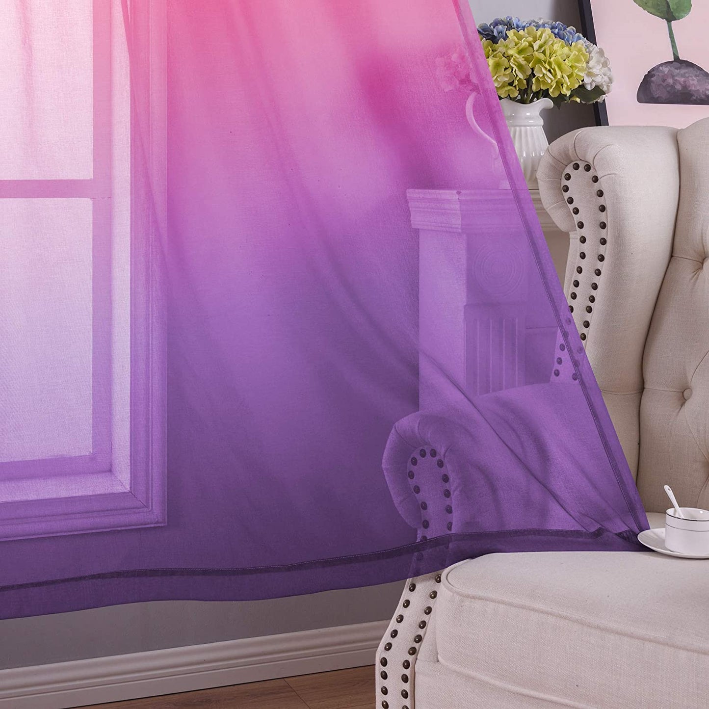 Ombre Sheer Curtains for Bedroom 2 Pieces Set Reversible Pink and Purple