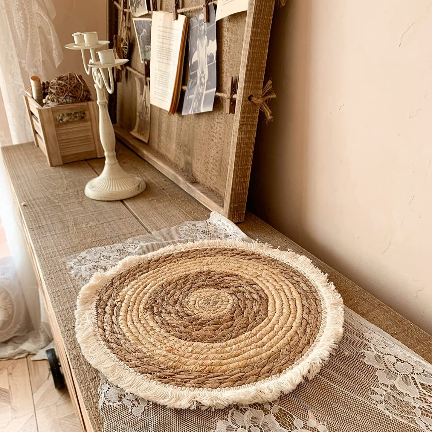 Natural Round 4/6/8 of Set Straw Braided Placemat with Tassel Boho Handmade Rattan Weave Heat Resistant Mats for Kitchen Table Decor(15")
