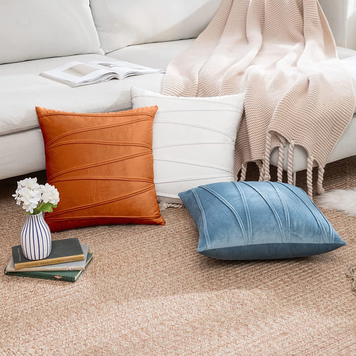 2x Velvet Throw Pillows for Couch Bed Sofa (Inserts + Pillow Covers, Orange)