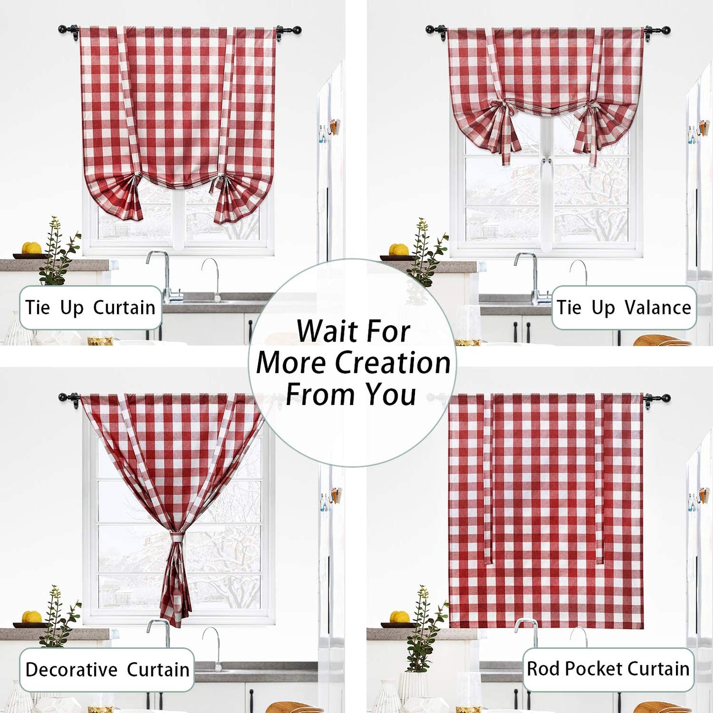 Tie Up Curtain for Kitchen Window Buffalo Check, Burgundy Red and White
