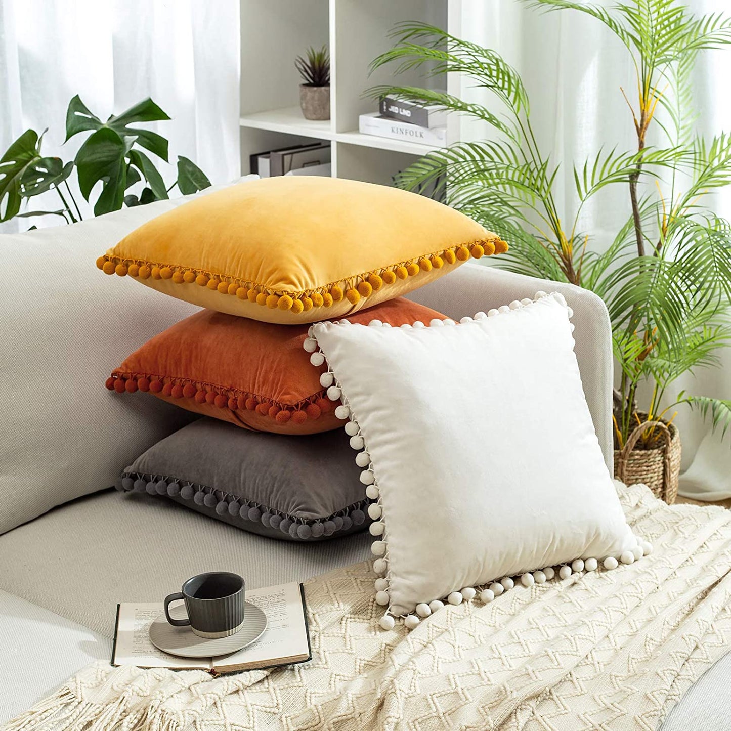 2x Square Throw Pillows with Cute Pom-poms for Couch Sofa Bedroom Decor (Inserts + Pillow Covers, Grey)
