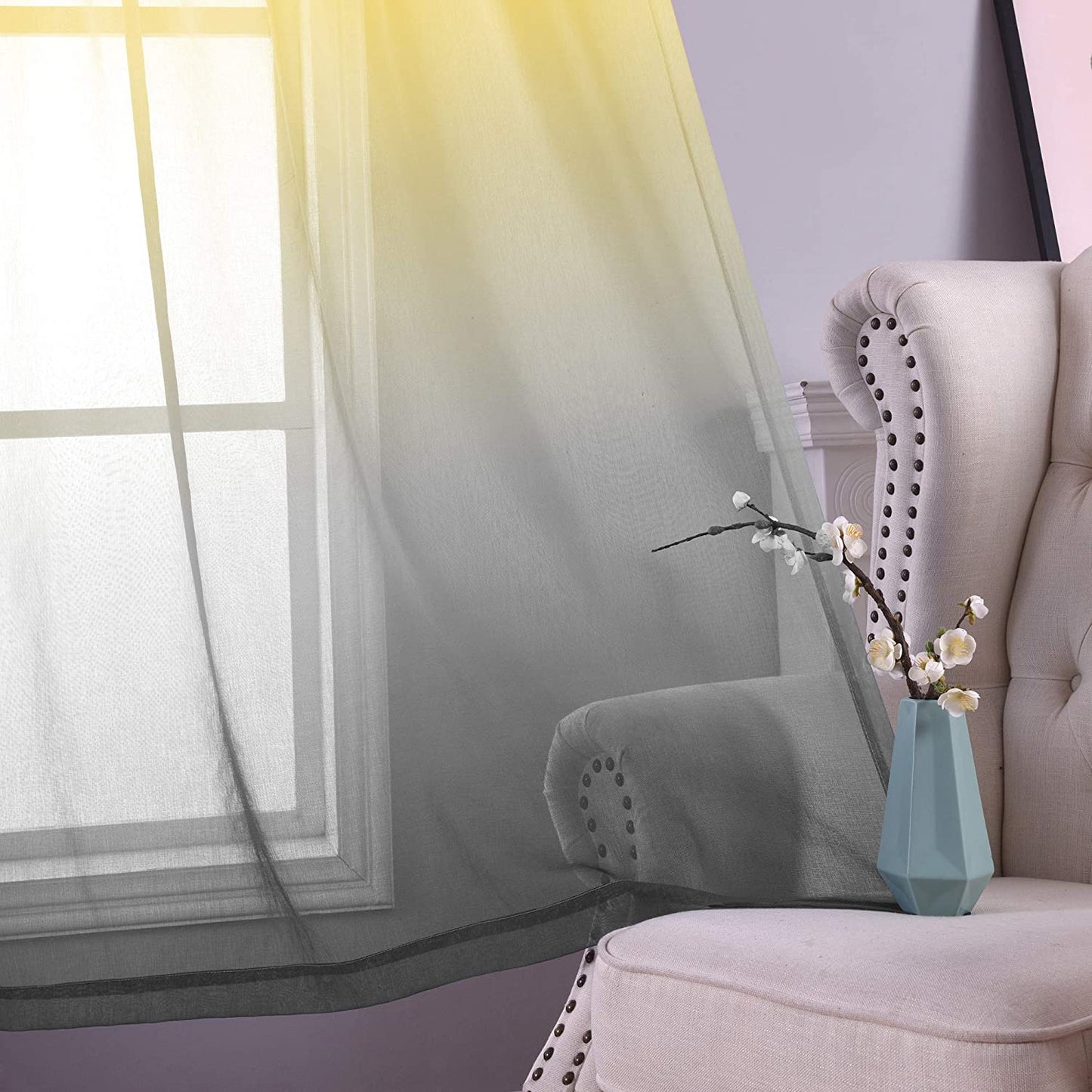 Ombre Sheer Curtains for Bedroom 2 Pieces Set Reversible Yellow and Grey
