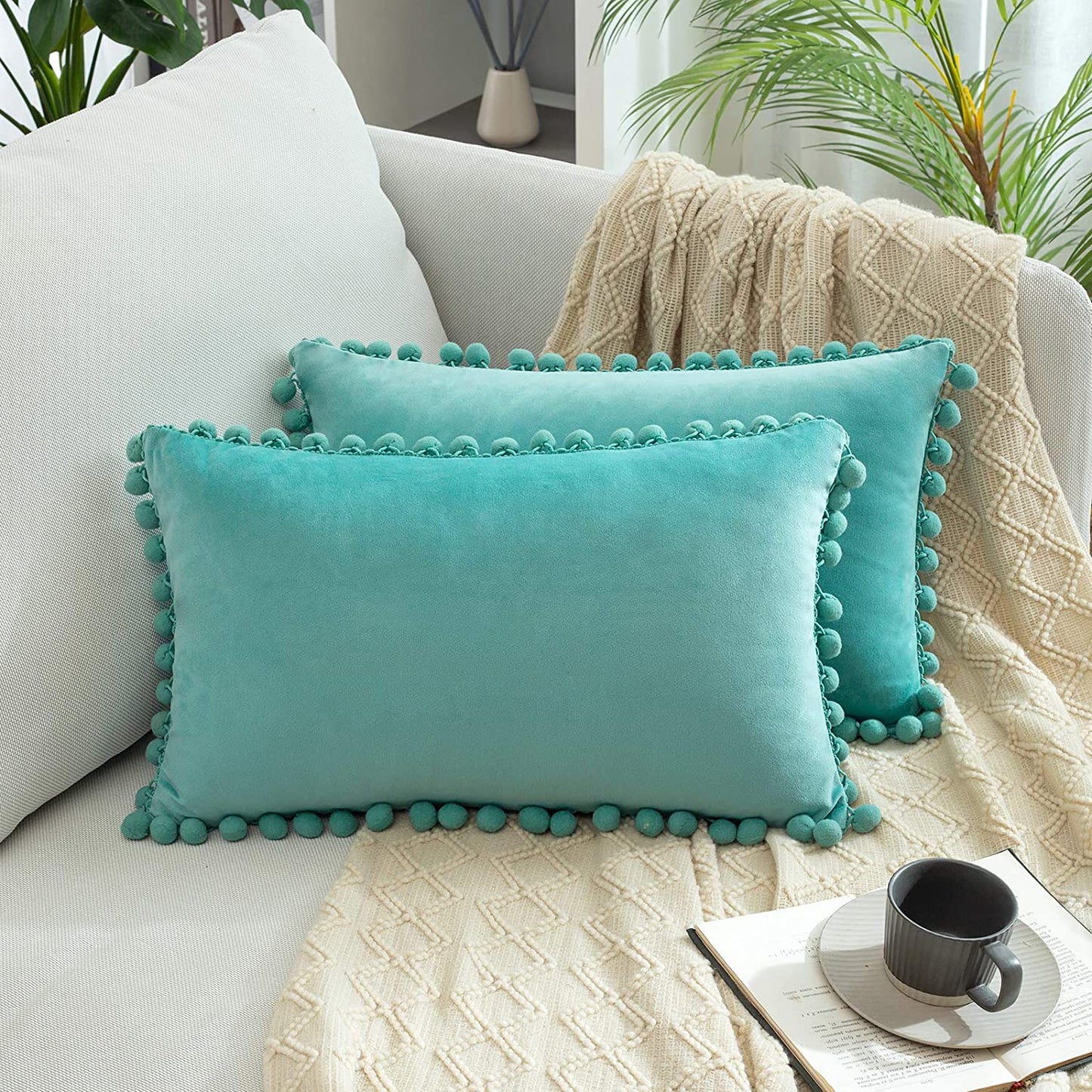 2x Square Throw Pillows with Cute Pom-poms for Couch Sofa Bedroom Decor (Inserts + Pillow Covers, Teal Green)