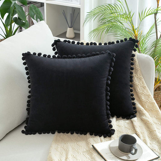 2x Square Throw Pillows with Cute Pom-poms for Couch Sofa Bedroom Decor (Inserts + Pillow Covers,Black)