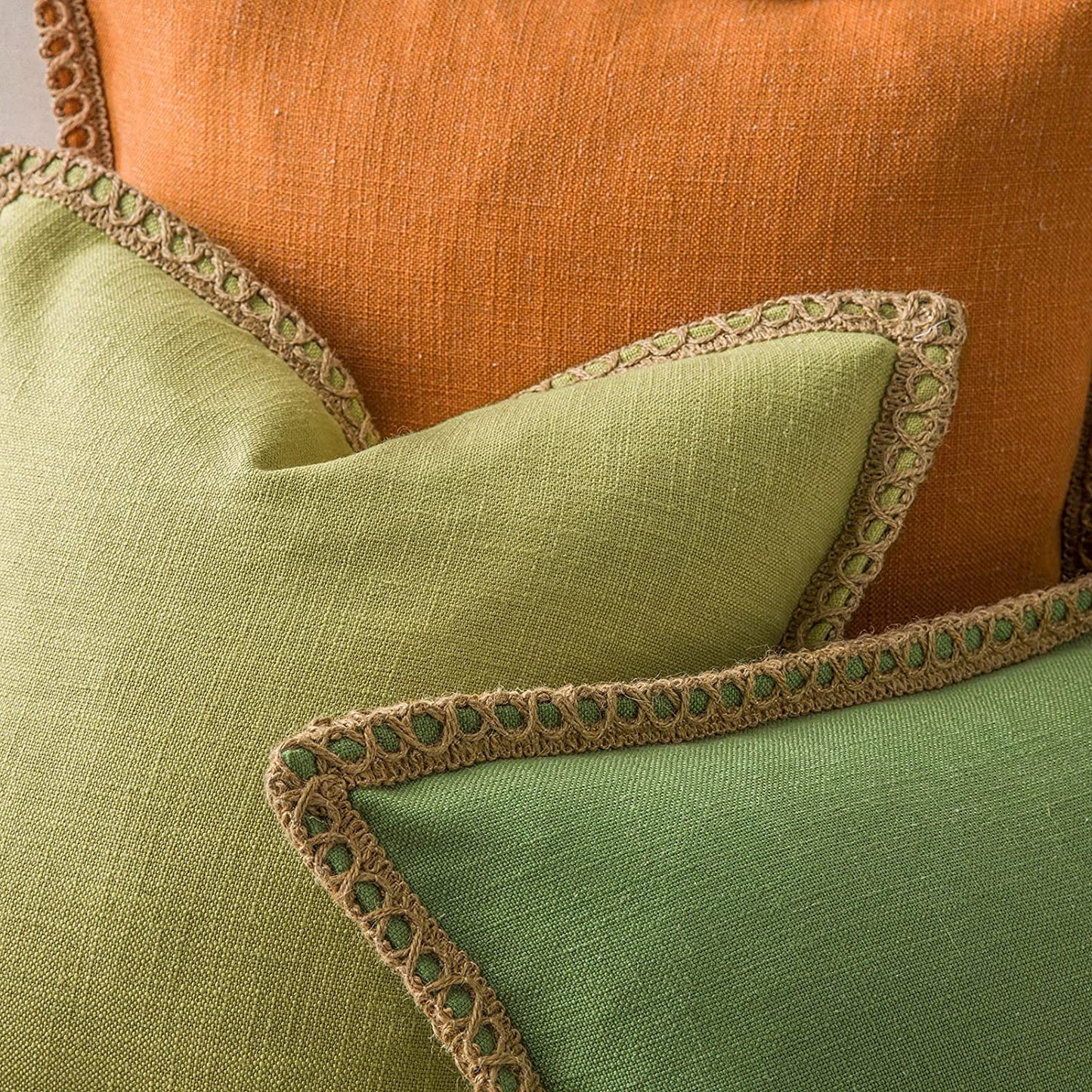 Pack of 2 Farmhouse Decorative Throw Pillow Covers Burlap Linen Trimmed Tailored Edges ,for Couch Sofa Living Room Decor - Sage Green