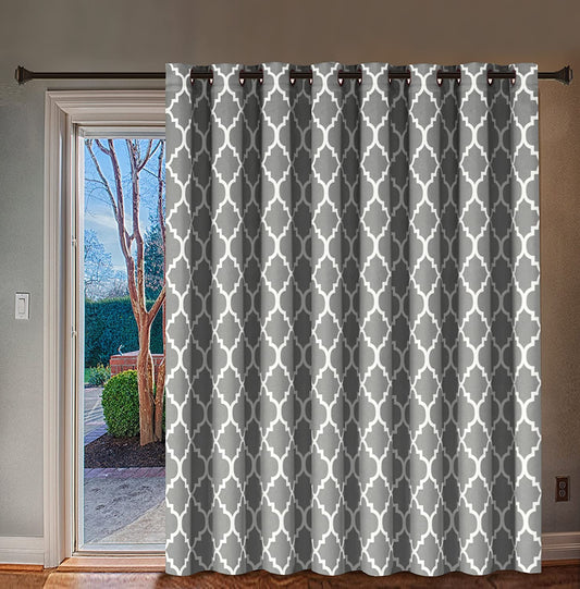 Blackout Curtain for Sliding Glass Door Moroccan Tile Quatrefoil Pattern, Light Grey and White