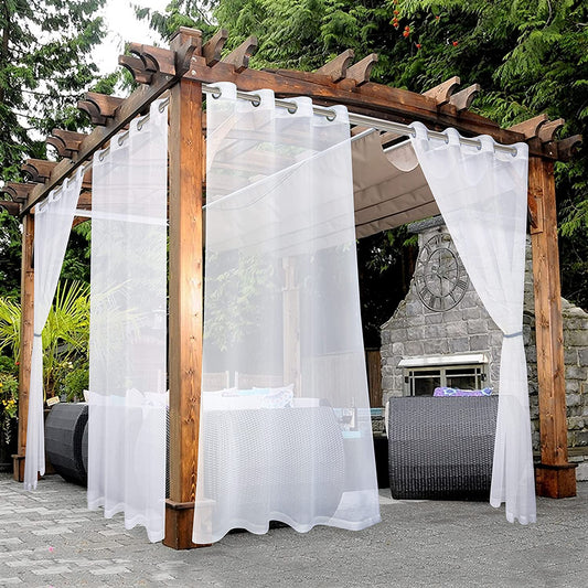White Outdoor Sheer Curtains for Patio Waterproof - 2 Panels Grommet Indoor Voile Sheer Curtain for Living Room, Bedroom, Porch, Pergola, Cabana,White