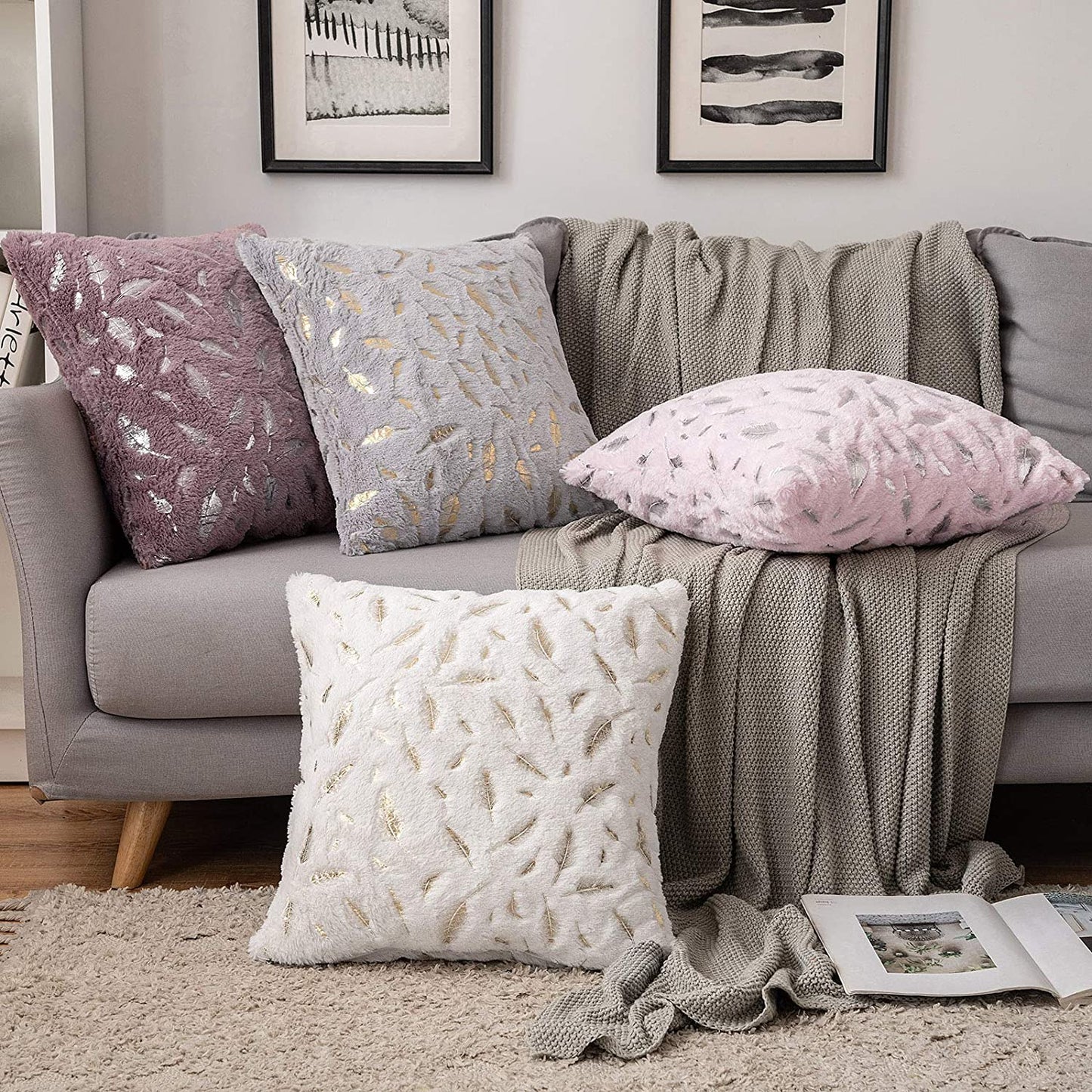 2x Square Throw Pillows Decorative Faux Fur Silver Feathers Silver Leaves Cushion Cases Soft Fluffy(Inserts + Pillow Covers, White)
