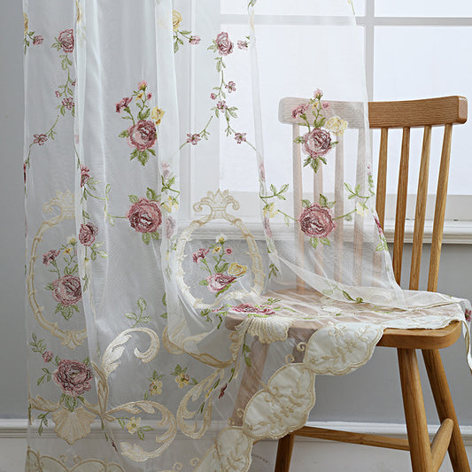2x Sheer Curtains Fresh Floral Embroidered Curtain Drape Countryside Style Rod Pocket Top