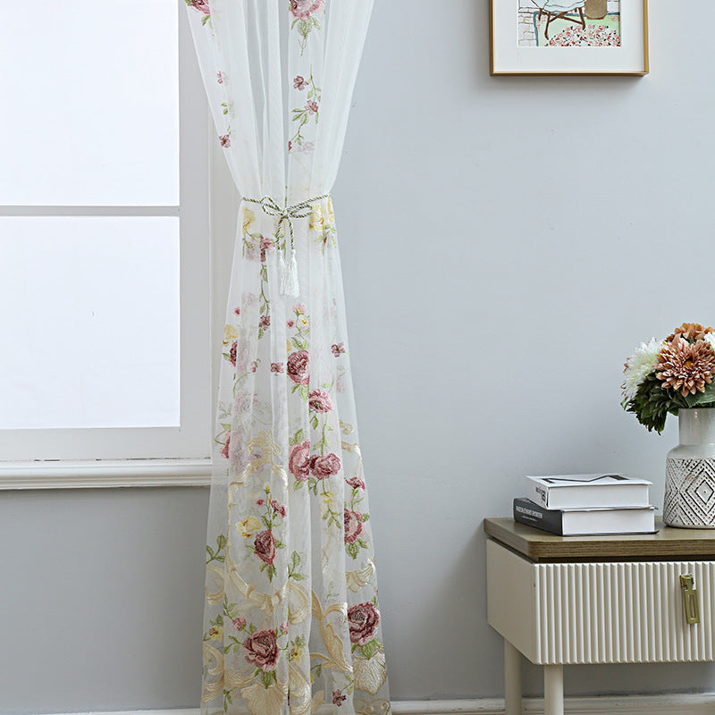 2x Sheer Curtains Fresh Floral Embroidered Curtain Drape Countryside Style Rod Pocket Top