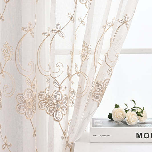2x Embroidered White Sheer Curtains for Living Room Voile Embroidery Floral and Leaf