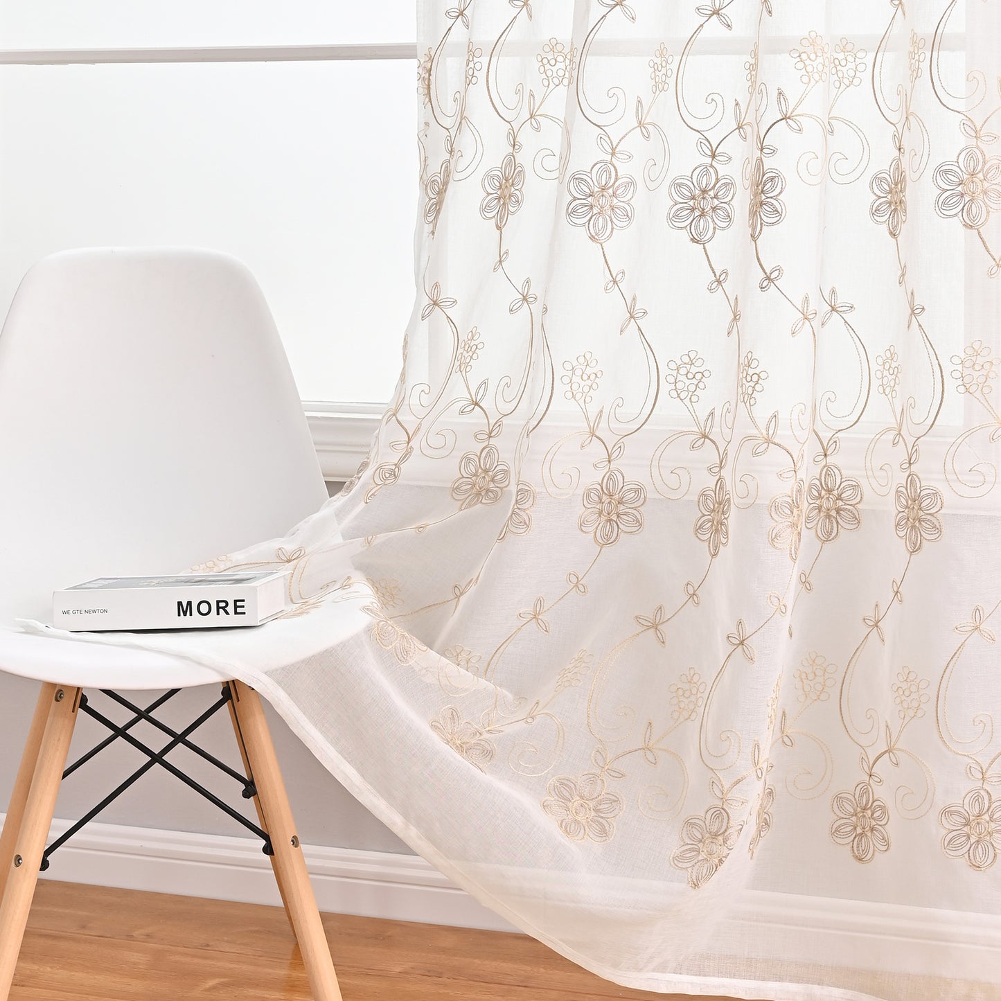 2x Embroidered White Sheer Curtains for Living Room Voile Embroidery Floral and Leaf