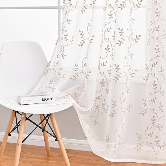 2x Embroidered White Sheer Curtains Panels Voile Embroidery Leaf